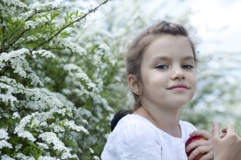 Portrait of beautiful little girl in spring blossom 