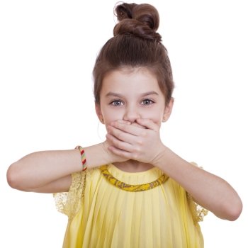 See No Evil, Hear No Evil, do not say anything, Portrait of beautiful little girl, studio on white background
