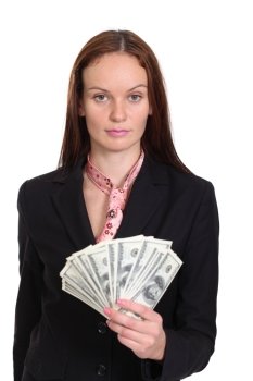 young woman holding a 100 dollar bill
