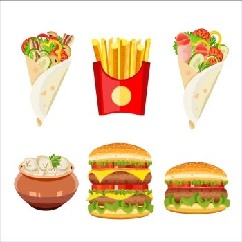 Set of vector isolated illustration, food. Dumplings, French fries, hamburger, cheeseburger, gyros.
