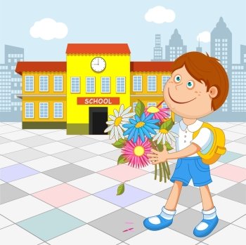 Boy schoolboy with a bouquet in hand walking to school. Vector illustration.