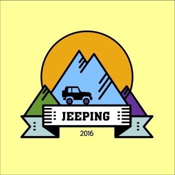 Logo jeeping. Vector sign riding jeep off-road mountains in the background. Journey.