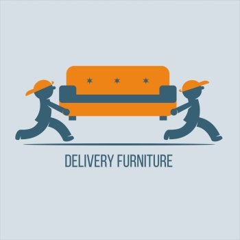 Shipping furniture. Vector logo, sign. Movers carry a couch.