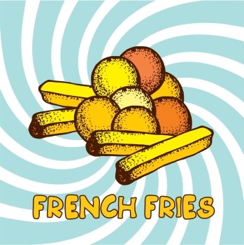 French fries, potato balls, vector illustration hand drawn.