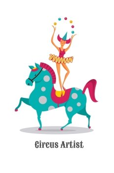 Circus artists. Girl juggler on horseback. Vector illustration. Isolated on a white background.