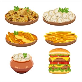 Set of vector isolated illustration, food. Rice, dumplings, French fries, hamburger.