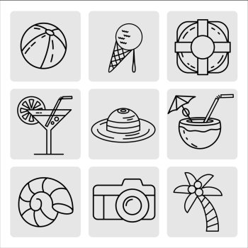 Summer vacation set of icons, design elements. Ball, camera, palm tree, ice cream, life ring, cocktail, coconut, hat, shell