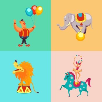Circus artists. Set of vector characters. Clown with balloons circus lion, elephant, girl juggler on horseback.