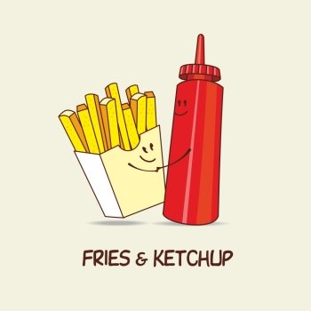 French fries and ketchup, forever. Fries and ketchup hug. Comic, cartoon. Vector illustration.