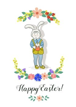Happy Easter! The kid in Bunny costume holding in his hand an Easter cake. A wreath of spring flowers. Vintage hand drawn Easter card.