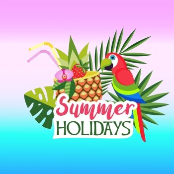 Vector composition with a tropical cocktail with pineapple. Colorful exotic tropical parrot and palm leaves.