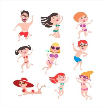 People, men and women, boys and girls, having fun, dancing and jumping, sunbathing on the beach. Summer vacation. Set of vector illustrations isolated on white background.