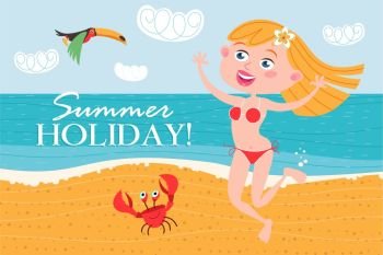 Girl having fun and dancing on the beach. Summer vacation! Vector illustration in flat style.