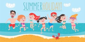 Young people, girls and guys having fun on the beach. People are on vacation, relax, have fun, sunbathe. Vector illustration.