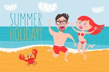 Young people, a guy and a girl having fun on the beach. Vector illustration. Summer vacation.