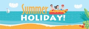 Summer holiday. Beach activities, banana boating, swimming in the sea. Vector illustration in flat style.