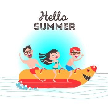 Hello, summer! Happy people on vacation. Holidays on the sea! Beach activities. Vector illustration.