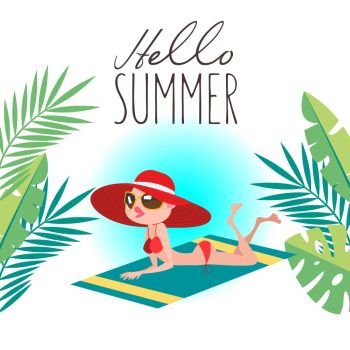 Hello, summer! Beautiful girl in a red hat, sunbathing on the beach. Vector illustration in flat style.