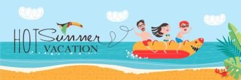 Hot summer vacation! Beach activities, banana boating, swimming in the sea. Vector illustration in flat style.