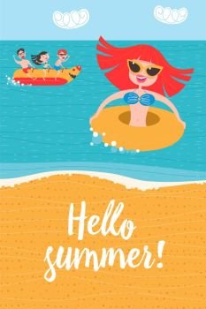 Hello, summer! Beach activities, banana boating, swimming with inflatable circle.