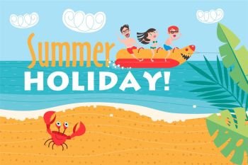 Happy people on vacation and take a ride on a banana boat. Vacation at sea! The beach activities. Colorful vector illustration in flat style.