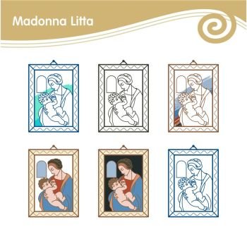 Madonna Litta. The virgin Mary breastfeeding the Christ child. Set of vector illustrations of Leonardo da Vinci.