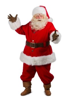 Santa Claus gesturing his hand isolated over white background. Presenting something. Full length portrait
