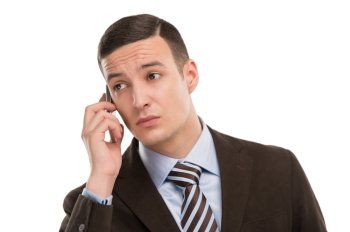 Business man using cellphone. Isolated on a white background.
