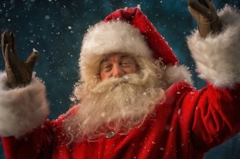 Photo of Santa Claus outdoors under blowing wind and falling snow and looking at camera