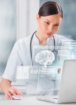 Female doctor scanning brain of patient with help of modern technology