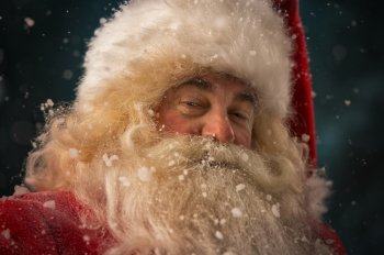 Photo of happy Santa Claus looking at camera while standing outdoors under falling snow
