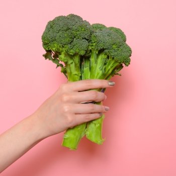 Raw broccoli in hand. Vegeterian food or diet concept.
