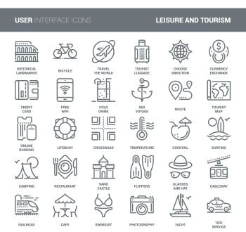 Leisure and Tourism Icons. Vector set of leisure and tourism flat line web icons. Each icon with adjustable strokes neatly designed on pixel perfect 48X48 size grid. Fully editable and easy to use.