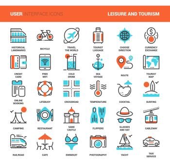 Leisure and Tourism. Vector set of leisure and tourism flat line web icons. Each icon with adjustable strokes neatly designed on pixel perfect 48X48 size grid. Fully editable and easy to use.