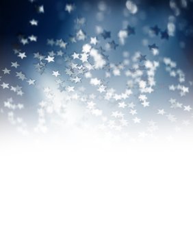 Blue starry border on white background, beautiful Christmas decoration, little glowing glitters, festive wallpaper