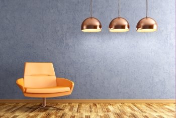 Modern interior of living room with orange armchair and copper lamps over blue wall 3d rendering