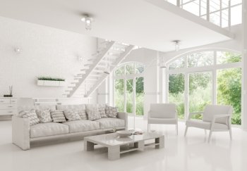White apartment interior, living room, staircase 3d rendering