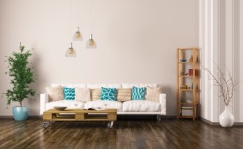 Modern interior of living room with white sofa, pallet table, plant and shelf 3d rendering