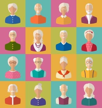 Old People of Faces of Women and Men of Grey-headed. Illustration Old People of Faces of Women and Men of Grey-headed. Heads of Pensioners. Avatars. Flat Icons - Vector