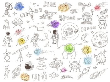 Set of vector hand drawn space doodles