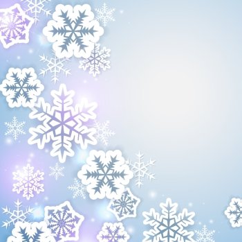 Shining Christmas background with paper white snowflakes. Design for Christmas card.