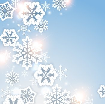 Shining Christmas background with paper white snowflakes. Design for Christmas card.