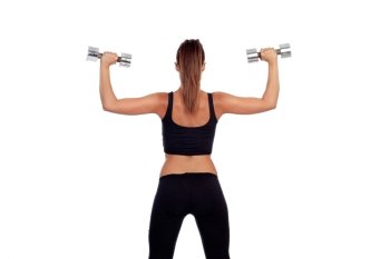 Fitness woman back lifting dumbbells isolated on white background