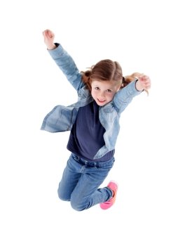 Cute smiling girl jumping isolated on a white background