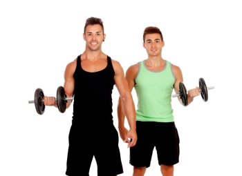 Couple of friends lifting weights isolated on a white background