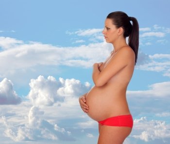 Attractive nude pregnant woman with a beautiful sky with clouds of background
