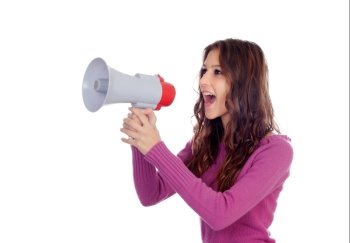 Attractive brunette girl shouting into a megaphone isolated on a white background