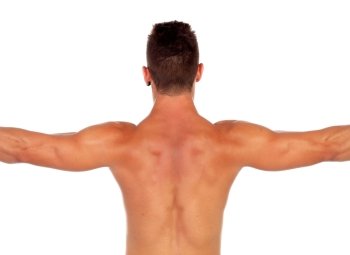Strong boy showing his back muscles isolated on a white background