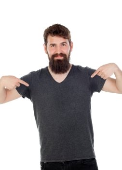 Man with long beard pointing to himself isolated on white background