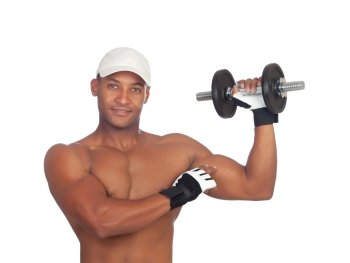 Handsome guy training with dumbbells isolate on a white background